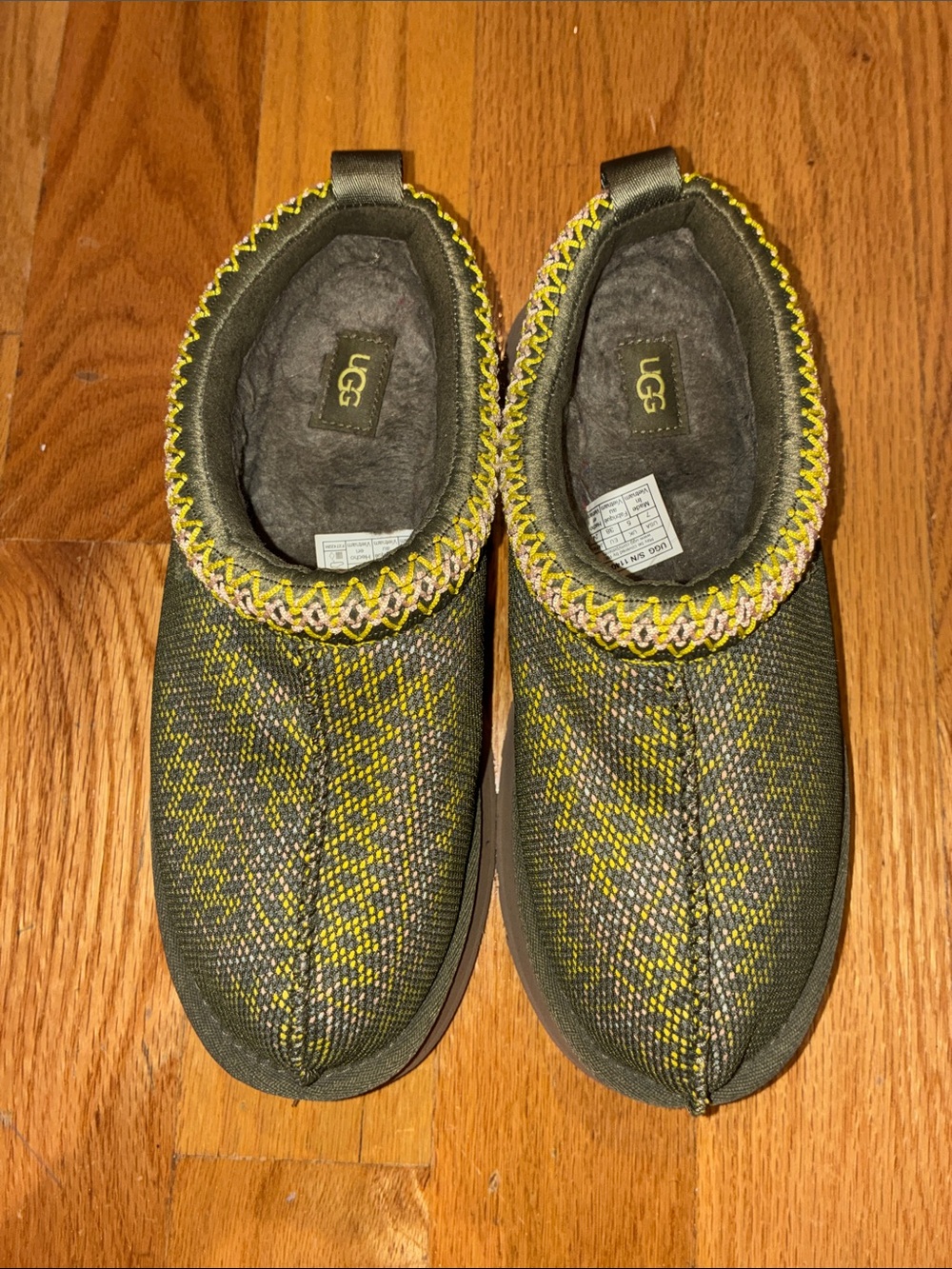 UGG Kids Olive Green Knit Slip-On Shoes with Yellow Trim